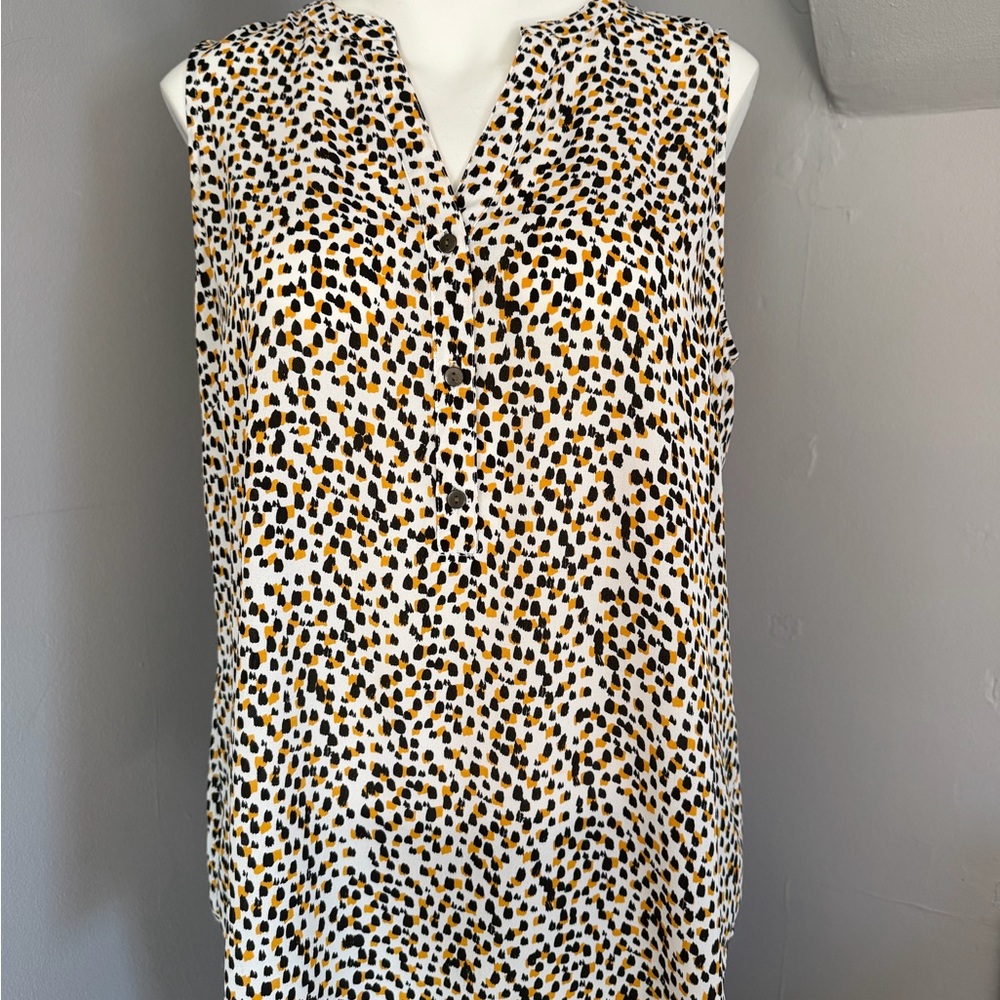 Adrianna Papell Cream Blouse with Black and Mustard Spot Print